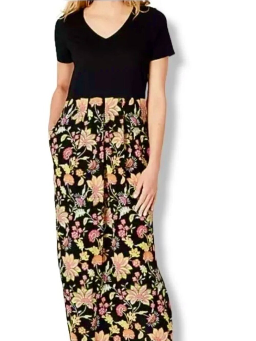 J. Jill Mixed Media Floral Black Maxi Dress with Pockets Short Sleeves V-Neck L